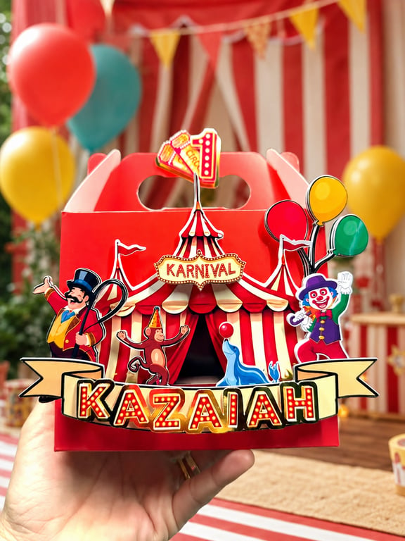 6 Personalised circus carnival party boxes, party bags 