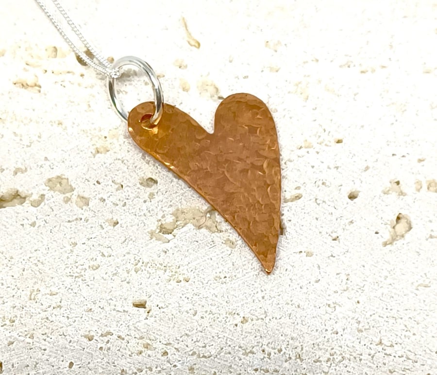 Hammered Copper Wonky Heart Pendant, Sterling Silver Jewellery Gift, Mixed Metal