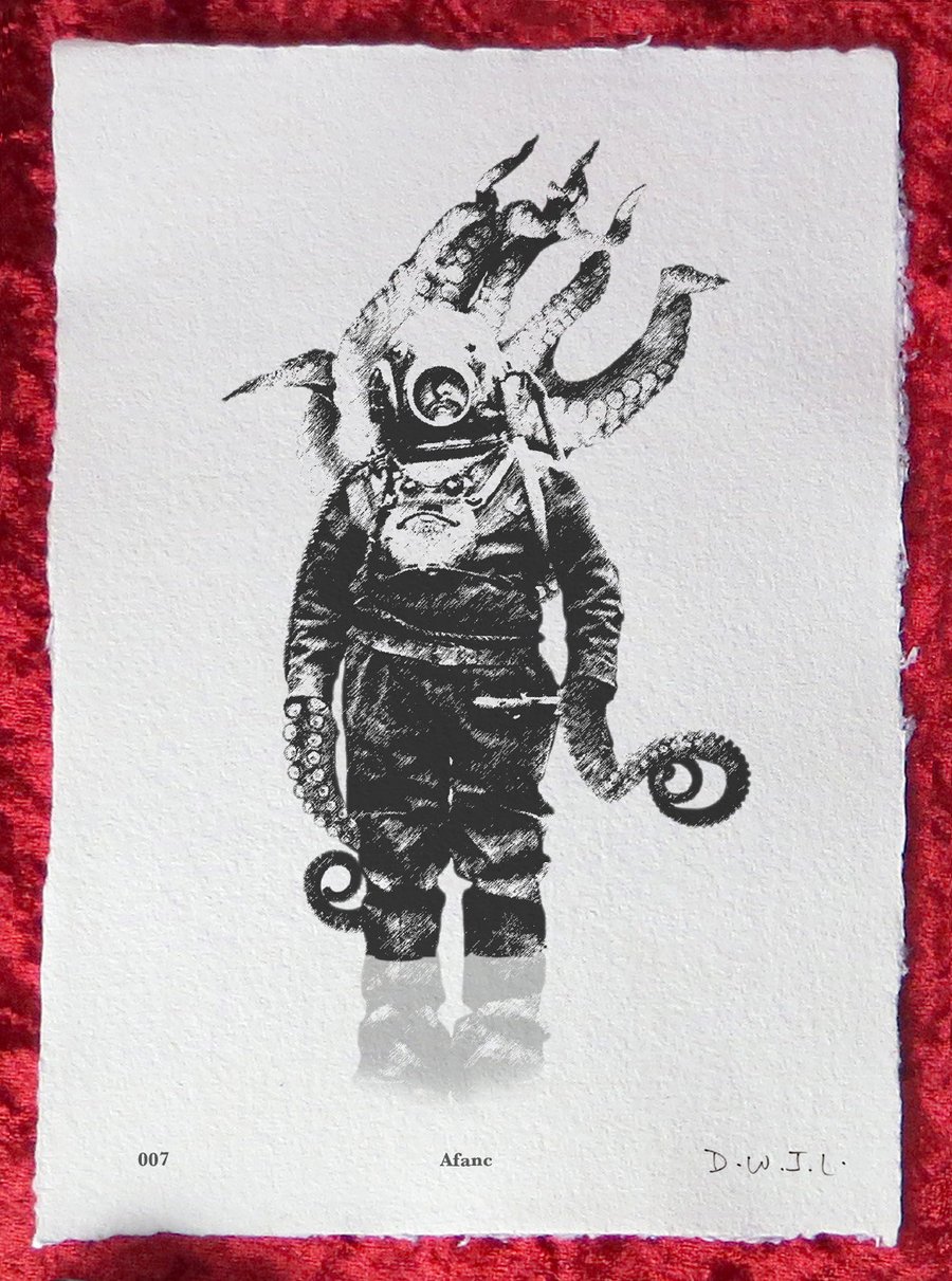 Afanc - Handmade Khadi Paper Giclée Print - David W. J. Lloyd - Tentacles, Diver