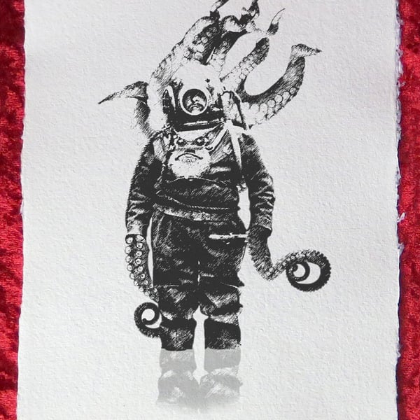 Afanc - Handmade Khadi Paper Giclée Print - David W. J. Lloyd - Tentacles, Diver