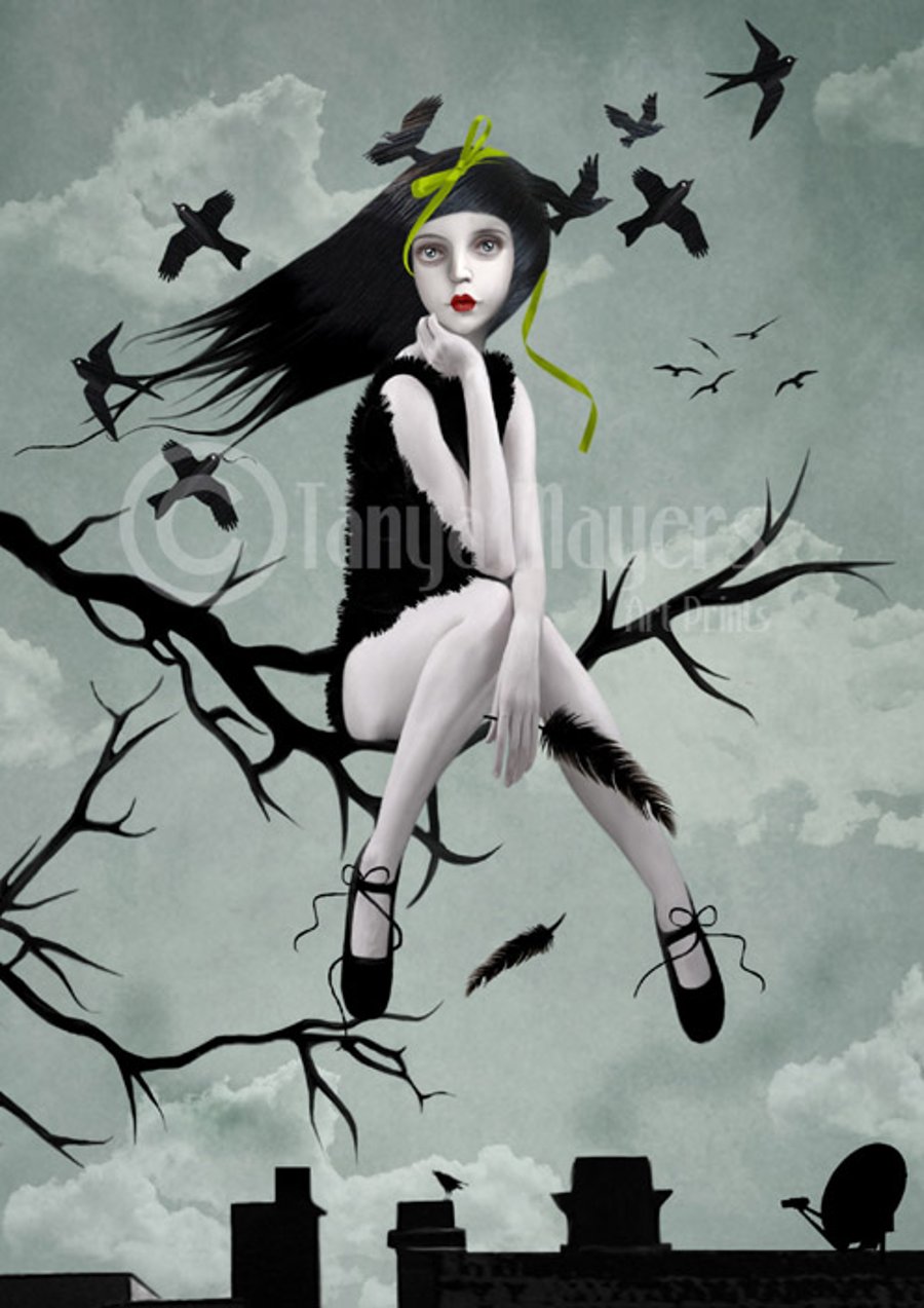 A4 Art Print Girl Sitting In Tree & Blackbirds - In A World Of My Own