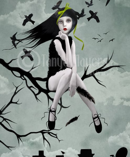A4 Art Print Girl Sitting In Tree & Blackbirds - In A World Of My Own