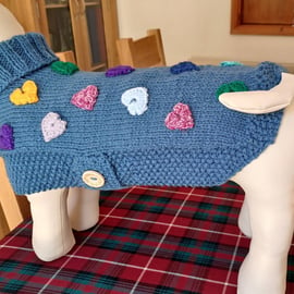 Medium Dog Coat In A denim Blue Aran Yarn With Multi Coloured Hearts (R850)