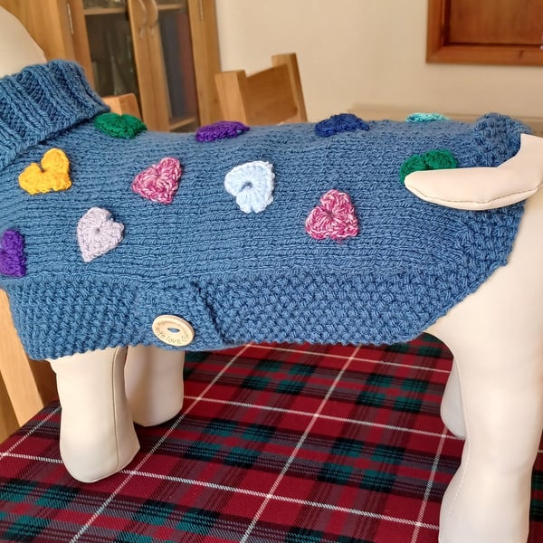 Medium Dog Coat In A denim Blue Aran Yarn With Multi Coloured Hearts (R850)