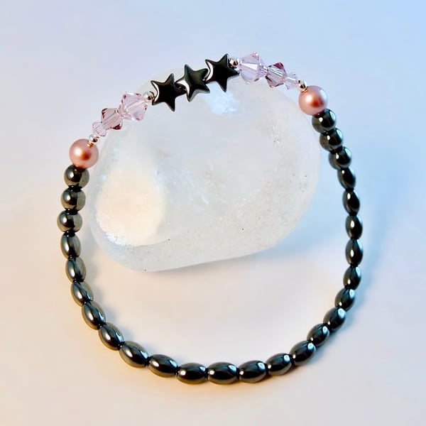 Hematite Star Bracelet With Swarovski Pink Pearls & Crystals - Handmade In Devon