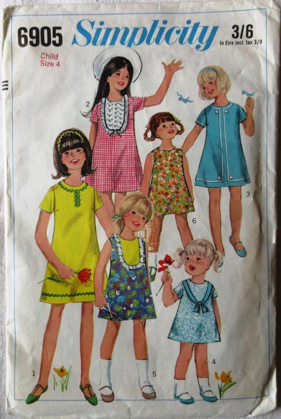 A sewing pattern for a little girl's dress in size 4 (Simplicity 6905)