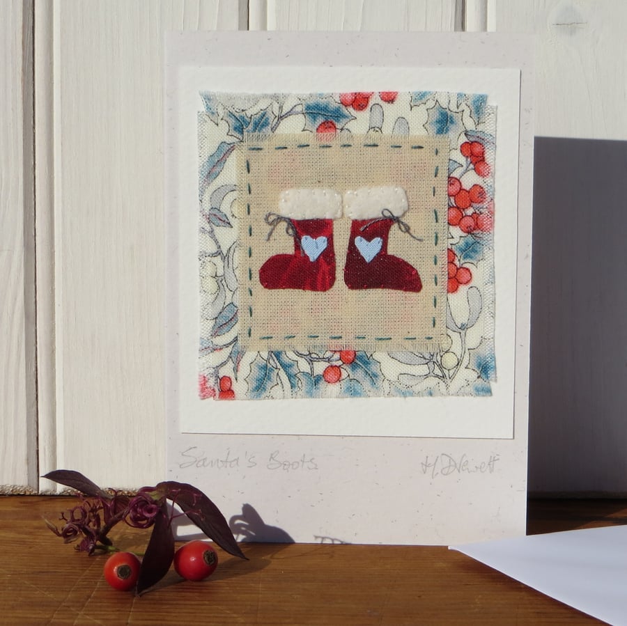 Santa's Boots! Miniature hand-stitched textile mounted on recycled card