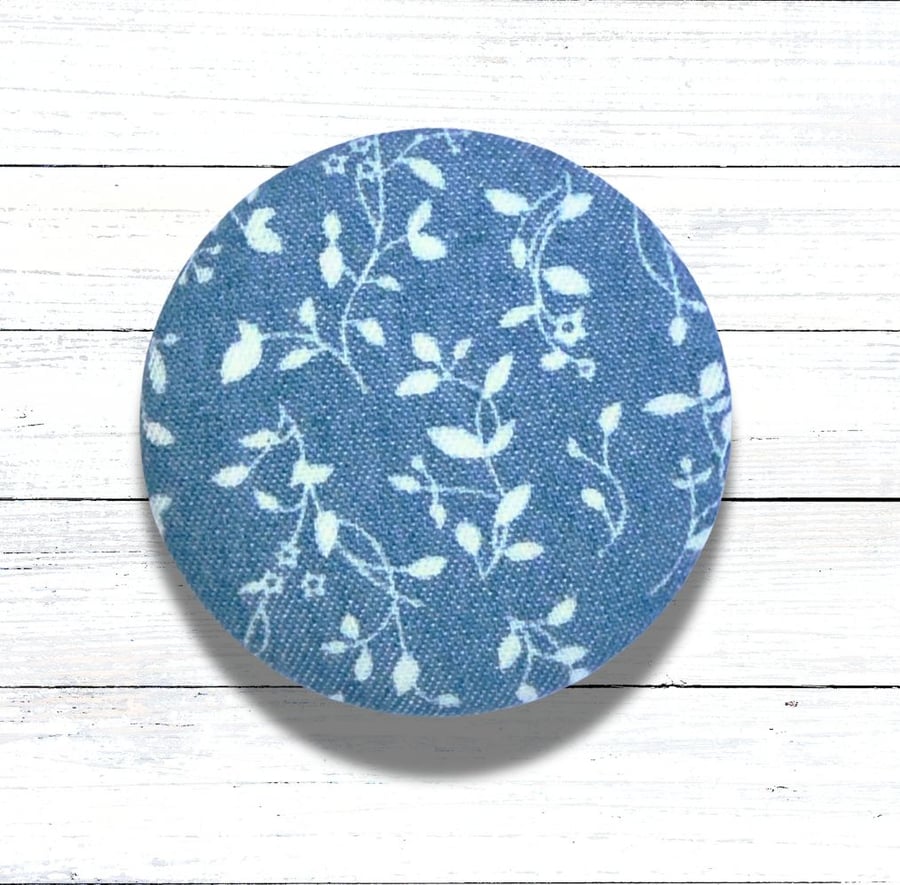 Blue and White Floral Denim Button Badge Brooch, Handmade, Christmas Gift