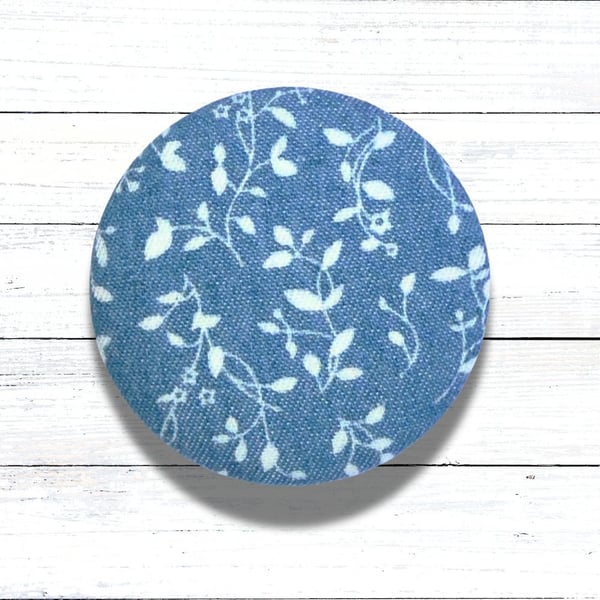 White Floral Denim Fabric Covered Button Badge Brooch, Handmade