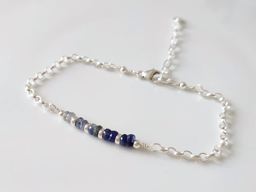 Sterling silver sapphire adjustable gemstone bracelet, September birthstone gift