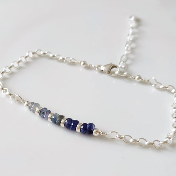 Sterling silver sapphire adjustable gemstone bracelet, September birthstone gift