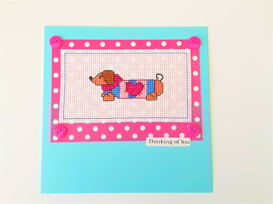 Daschund sausage dog 'Thinking of you' cross stitch card