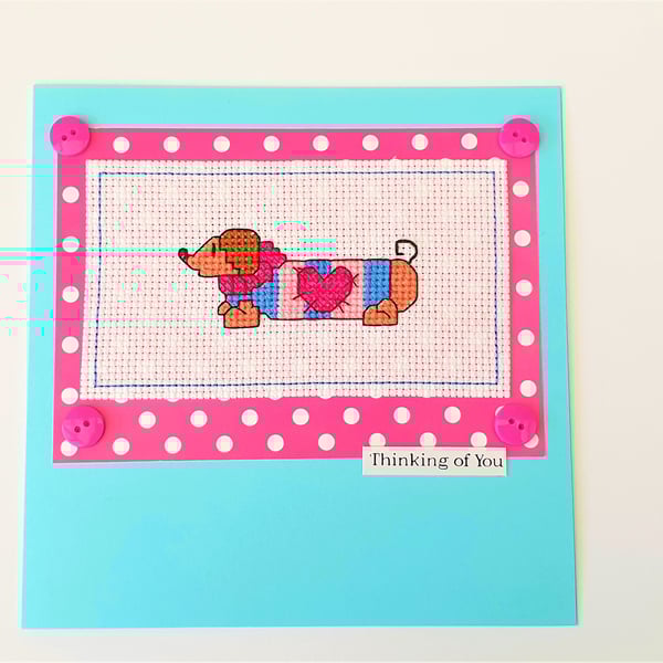Daschund sausage dog 'Thinking of you' cross stitch card