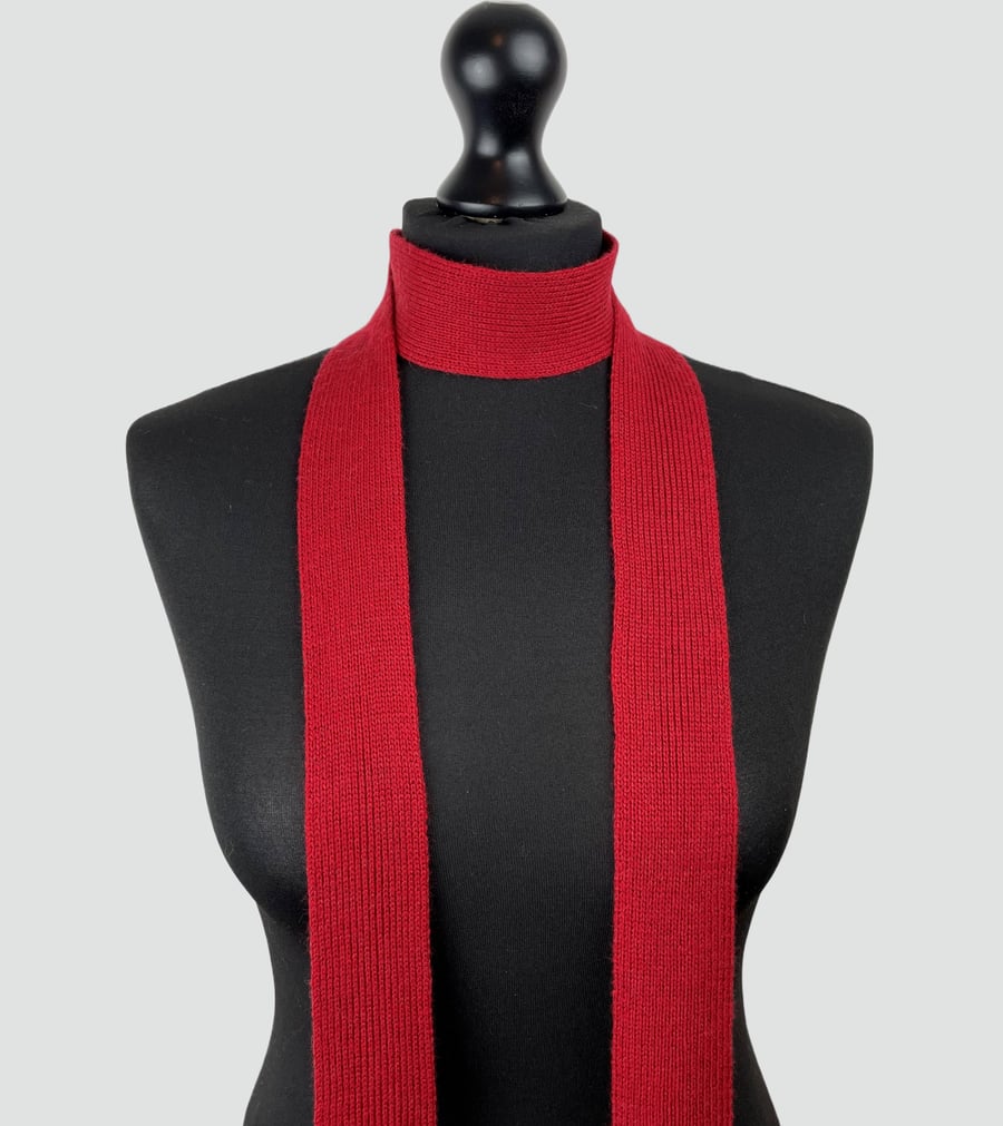 Knitted thin skinny scarf, 100% merino wool, bright red