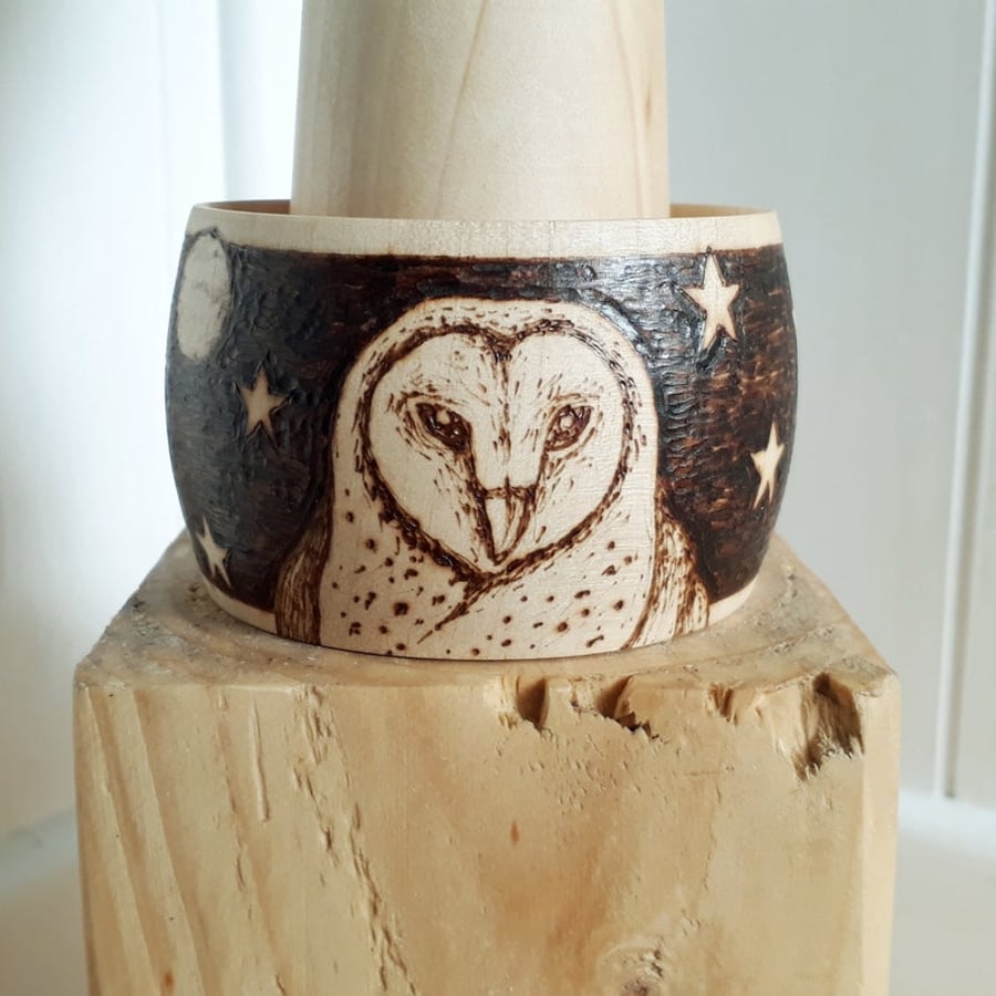 Pyrography barn owl wooden bangle 
