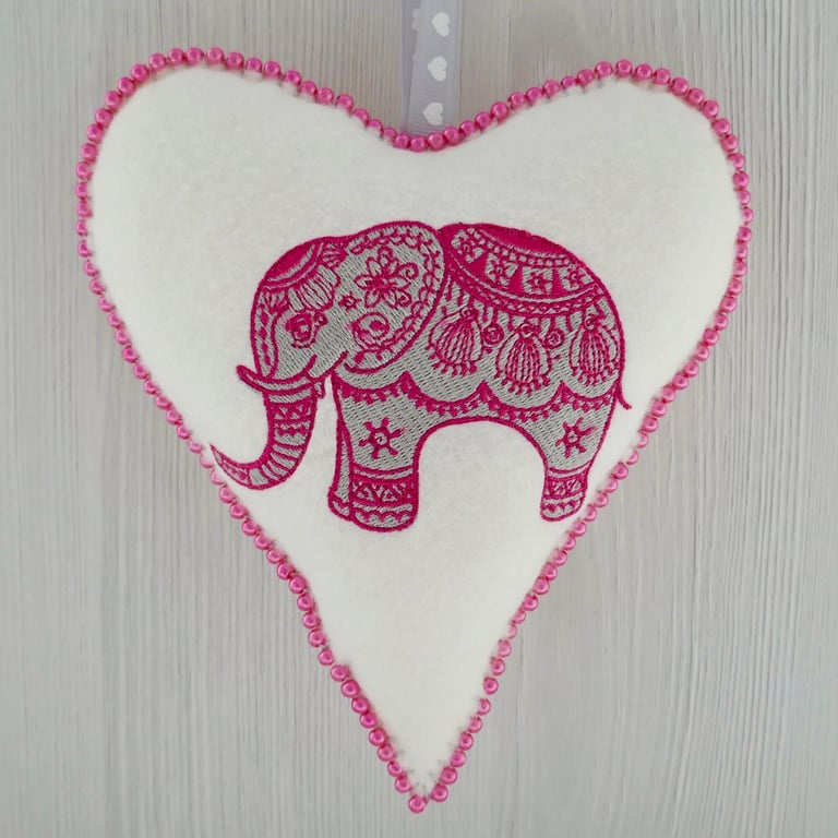 Beaded Felt Heart Decoration: Embroidered Elephant design 6.25” (16cm)