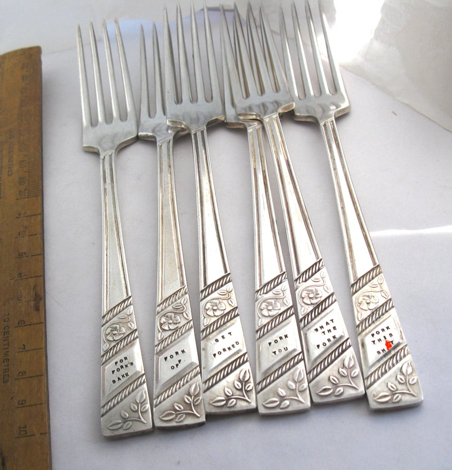 Six matching handstamped forks, rude mature sweary wording