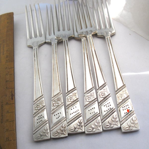 Six matching handstamped forks, rude mature sweary wording, beautiful bundle