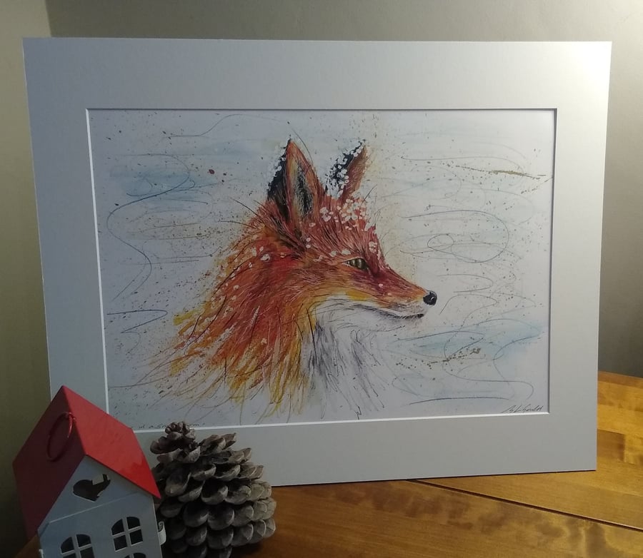 A4 or A3 signed Art Print - Fox in a Snowstorm