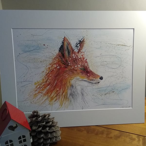 A4 or A3 signed Art Print - Fox in a Snowstorm