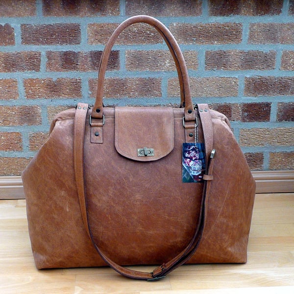 Leather carpet bag, tan leather holdall, travel bag hand luggage