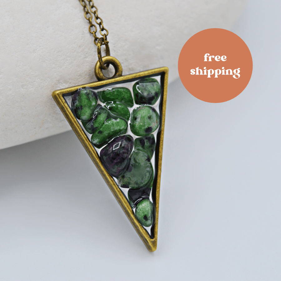 Ruby Zoisite Brass plated Triangle Worry Stone Necklace - Free Postage