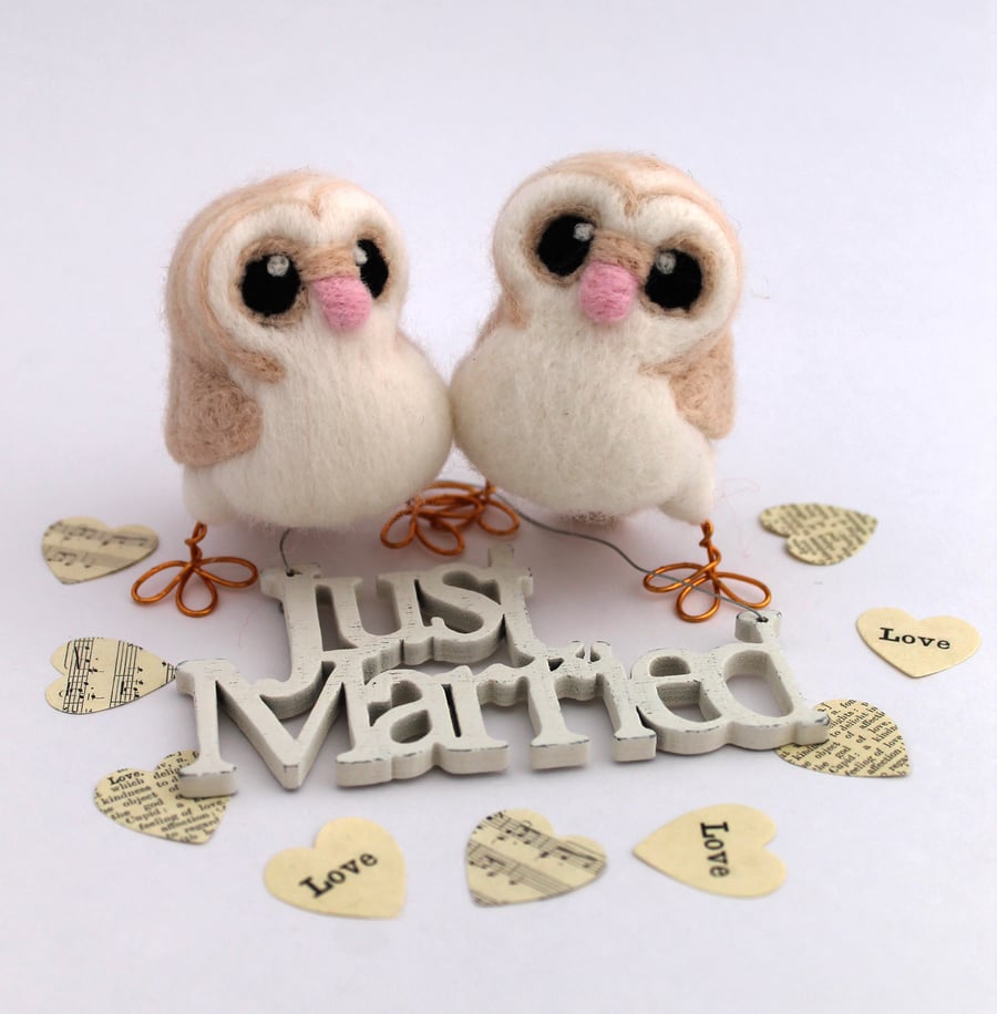 Mini Owl Wedding Cake Topper Barn Owl Pair in soft Browns With Heart shaped Face