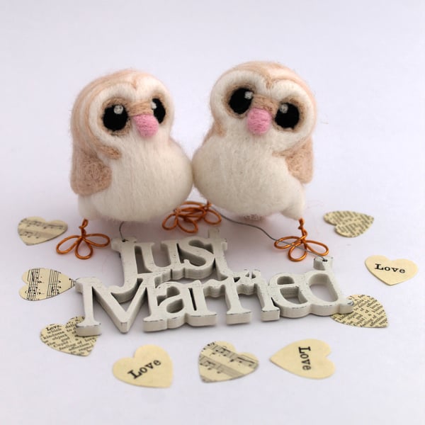 Mini Owl Wedding Cake Topper Barn Owl Pair in soft Browns With Heart shaped Face