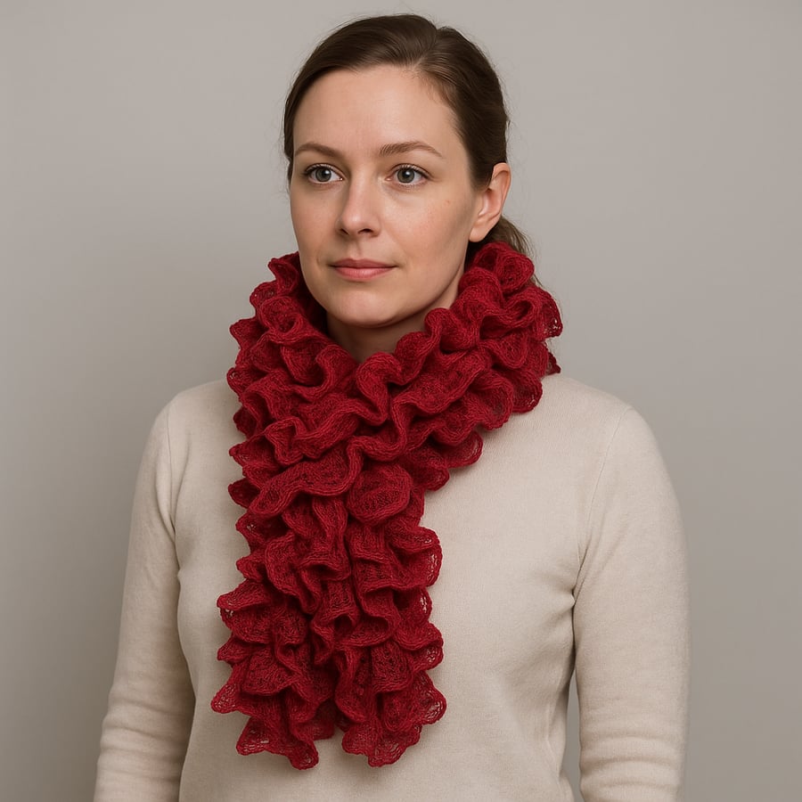 Red sparkly ruffle scarf in fashion yarn