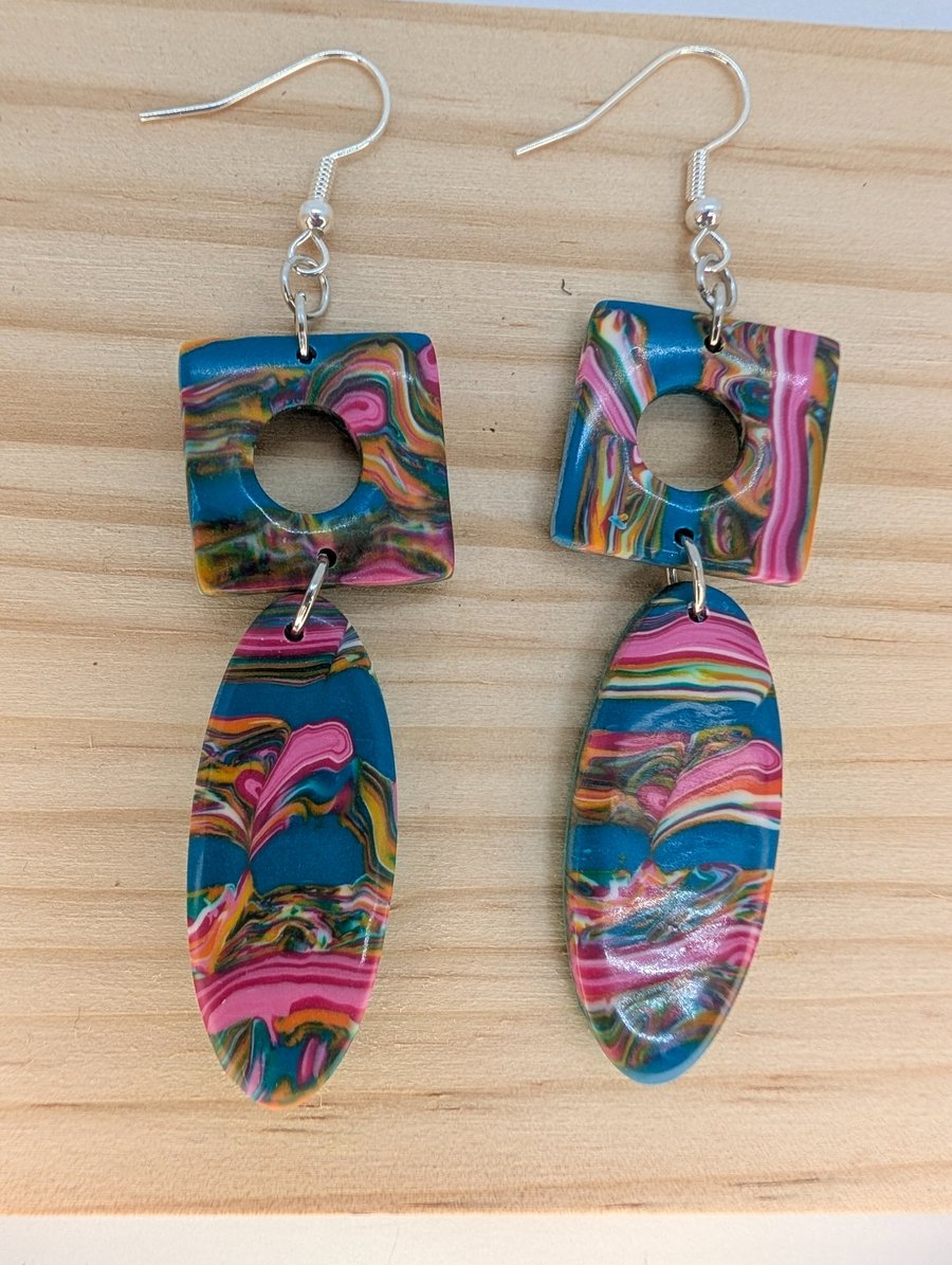 Dramatic drop earrings teal and swirls