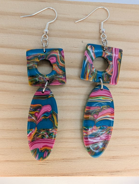 Dramatic drop earrings teal and swirls