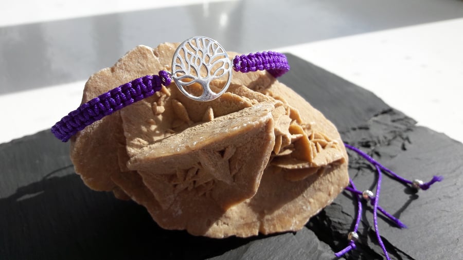 Sterling Silver Tree of Life and Purple Cord Macrame Adjustable Bracelet