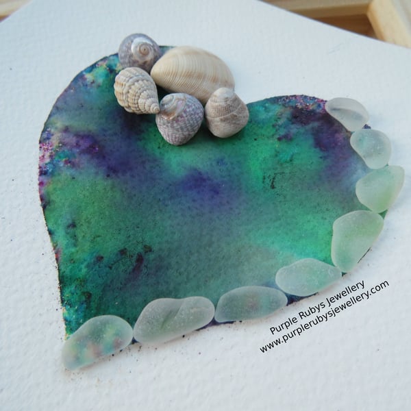 Heart of Cornwall Purple & Tuquoise Tie-Dye Sea Glass Sea Shell Picture P180