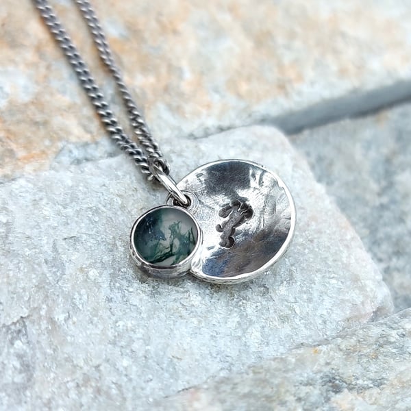 Tayside Moss Agate Personalised Hammered Domed Disc Pendant, Small