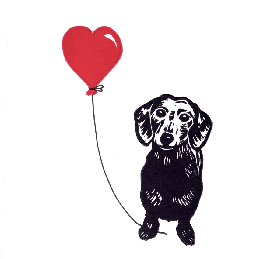 Dachshund with Heart balloon - Handprinted card