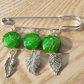 Kilt Pin Broach with Green Beads and Leaf Charms