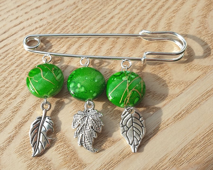 Kilt Pin Broach with Green Beads and Leaf Charms