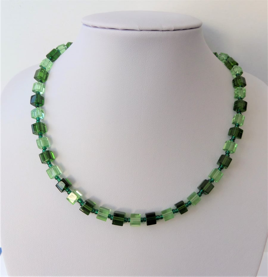 Two colour green glass cube bead necklace.