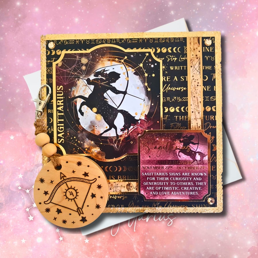 Sagittarius Zodiac Star Sign Card, Wooden Keyring, or as a Set, Celestial Gift