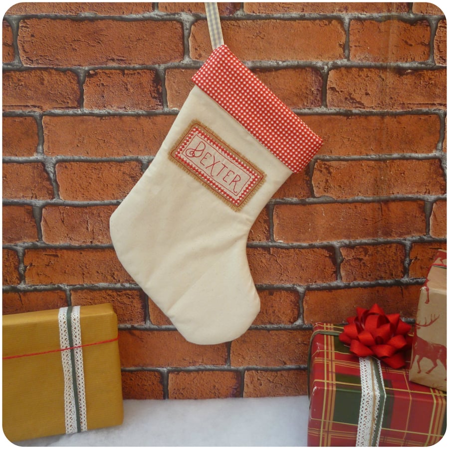 Personalised Calico and Red Gingham Christmas Stocking (SKU00662)