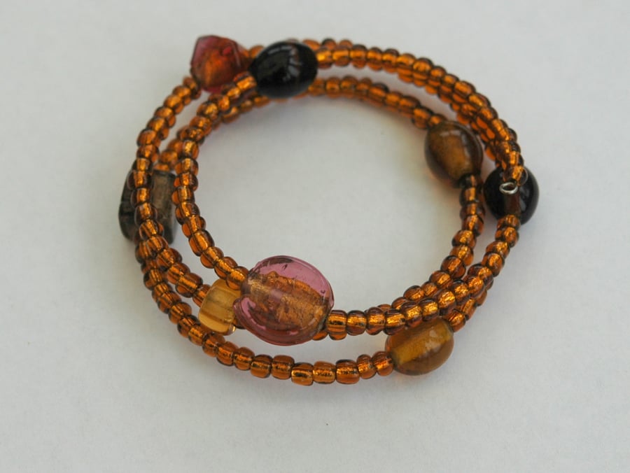 Amber Glass Beaded Memory Wire Wrap Bracelet,  B84