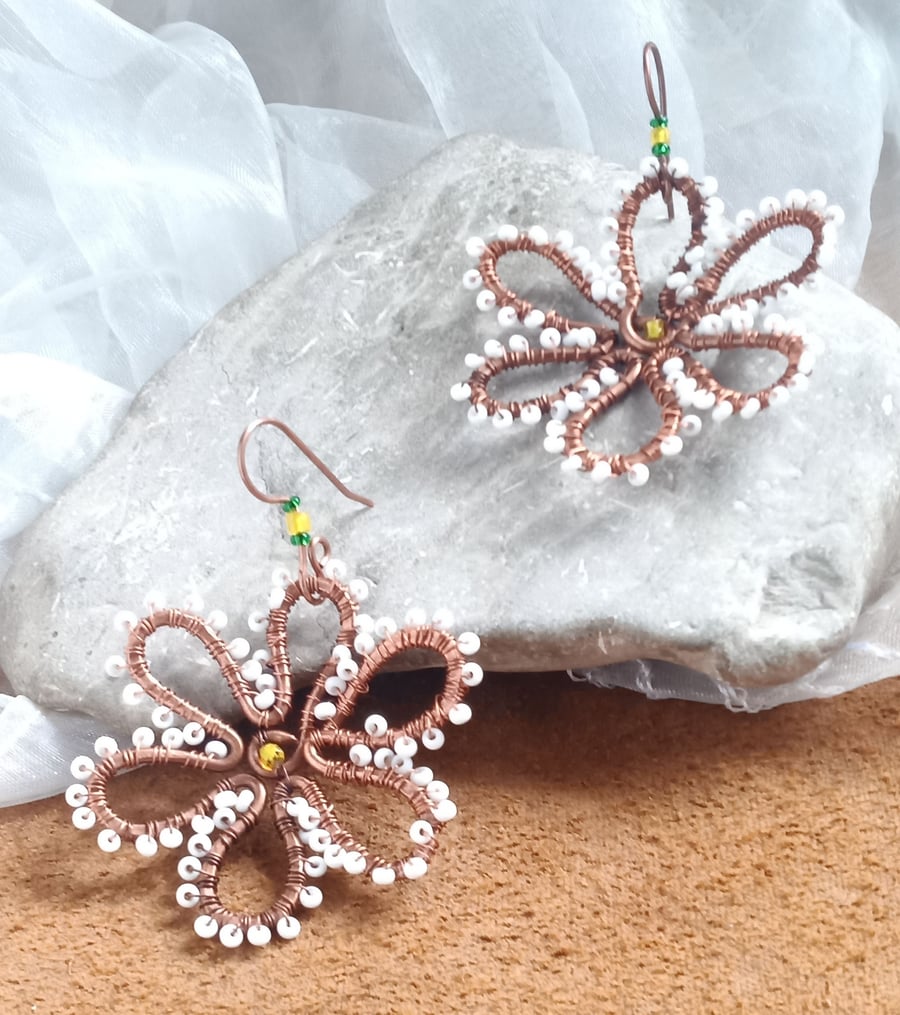 "Copper Daisies" Rustic Copper Wire & Seed Bead Earrings