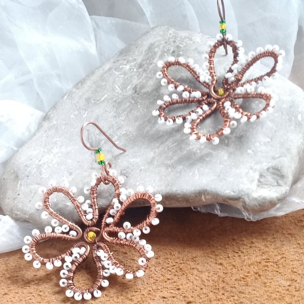 "Copper Daisies" Rustic Copper Wire & Seed Bead Earrings