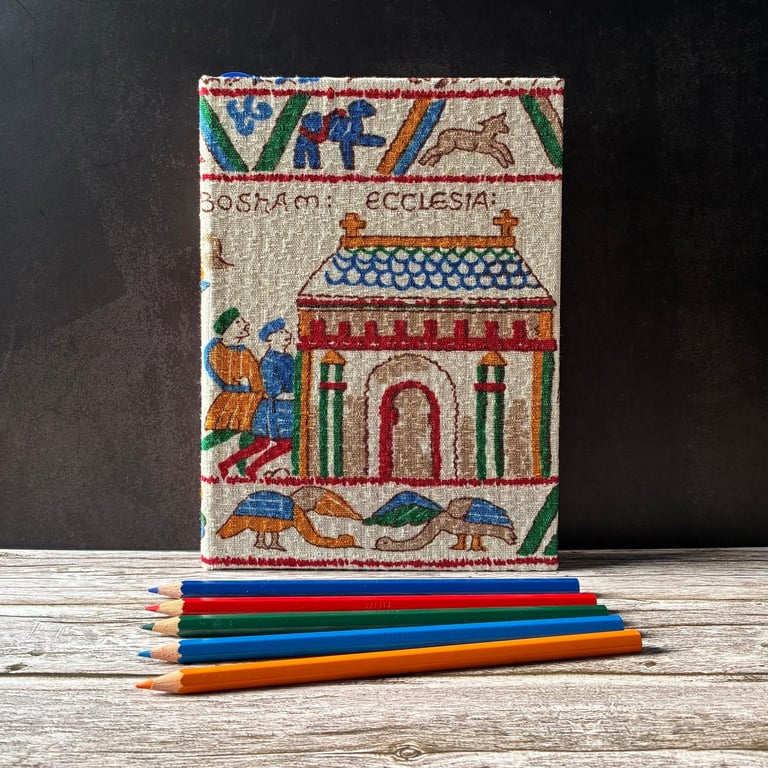 Bayeux Tapestry Handstitched A5 1950s Fabric Journal Notebook Harold Bosham Blue