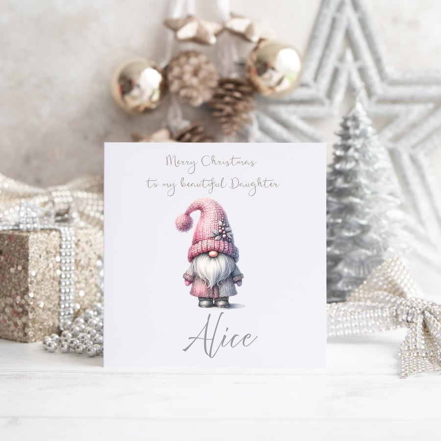 Christmas card with pink watercolour gonk gnome personalised 
