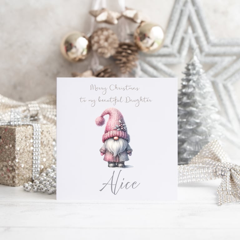 Christmas card with pink watercolour gonk gnome personalised 