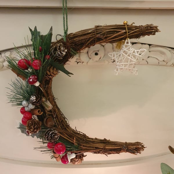 Crescent Moon, Cottagecore Door Wreath- Cinnamon Infused. Fairy, Woodland inspir