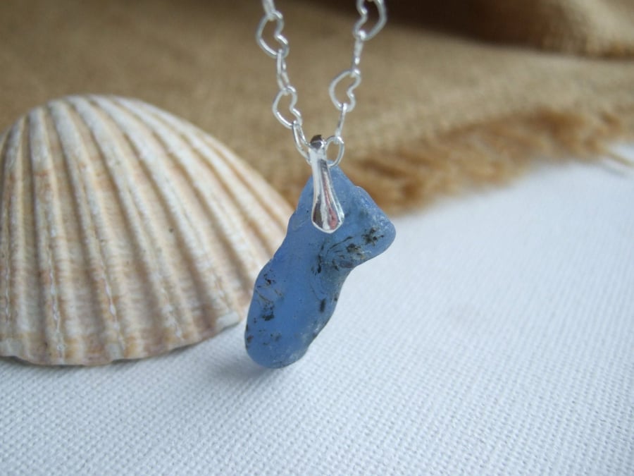 Bonfire Scottish blue sea glass necklace, long cornflower blue bonfire sea glass
