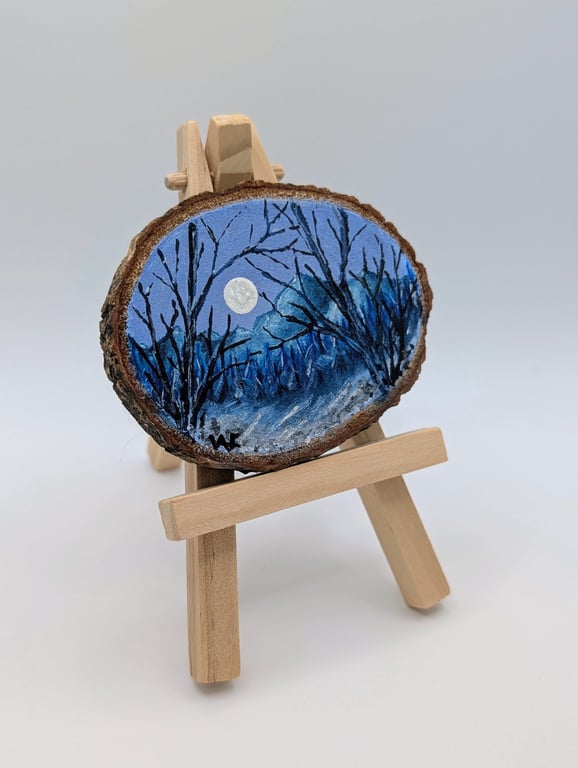 Winter Landscape Painting on Wood Slice