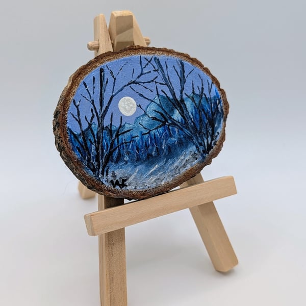 Winter Landscape Painting on Wood Slice